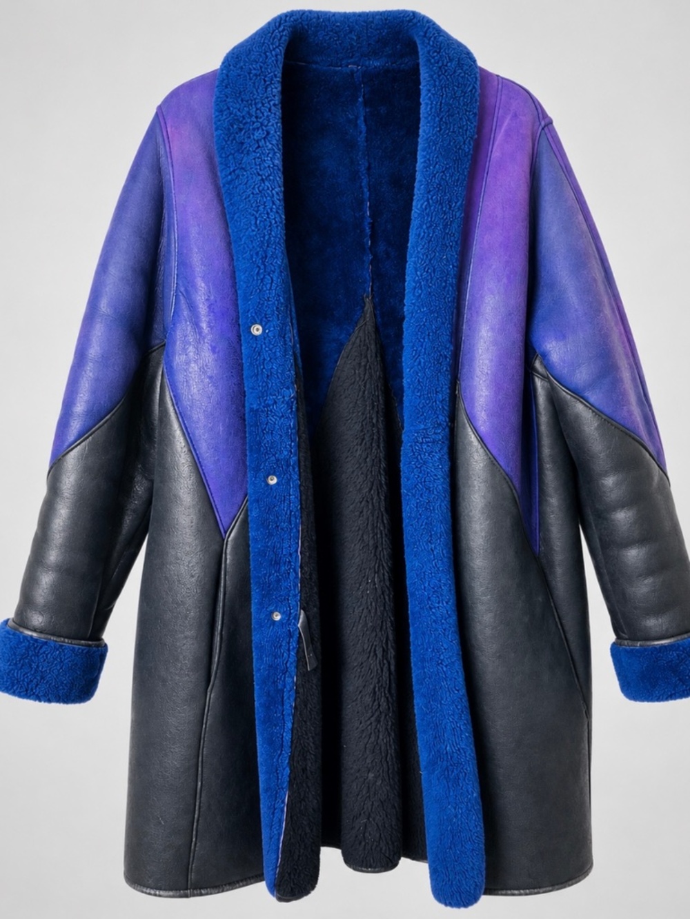 Vintage 1993 Edwardo Bassoni Genuine Shearling Coat Colorblock Purple Blue USA L